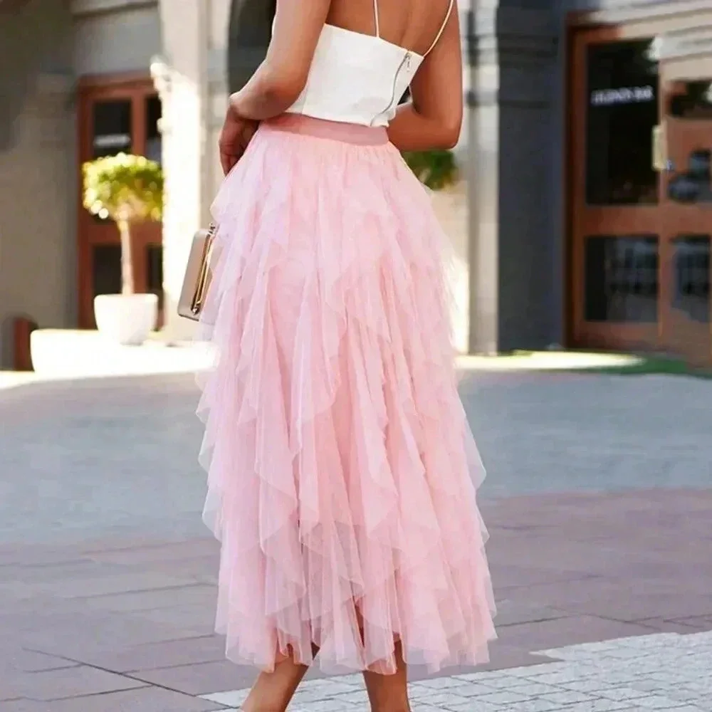 Dusty Pink Elegant Women's Layered Hem Mesh Overlay Skirt